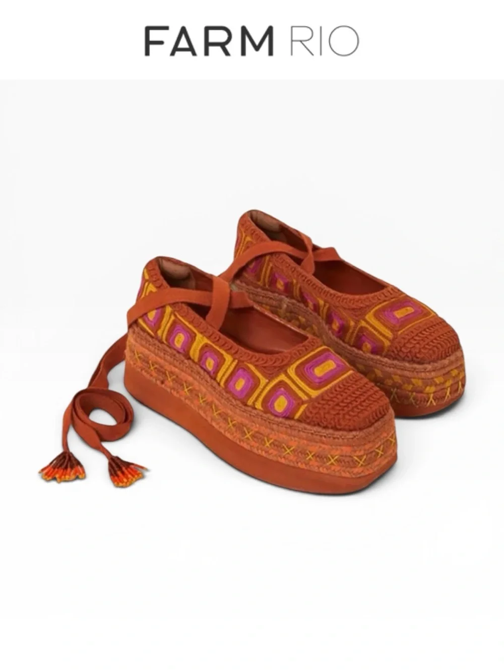 FARM RIO RUST ESPADRILLE FLATFORM EMBROIDERED LACE UP PLATFORM SHOES NWT SIZE 8